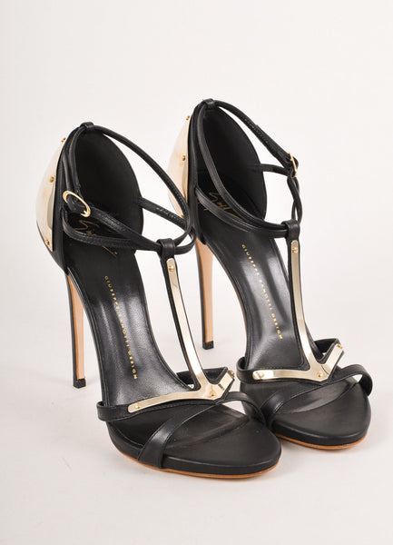 Black and Gold Metal Trim Strappy Leather Stiletto Sandals