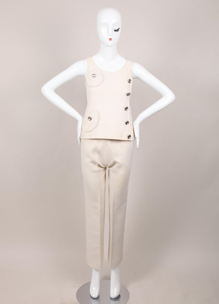 Cream Buttoned Sleeveless Top and Pants Set