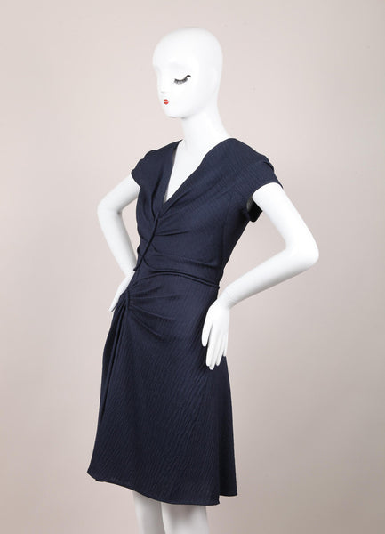 New With Tags Blue Textured Asymmetric Gathered Cap Sleeve Dress