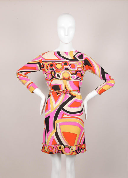 Abstract Pattern Belted Silk Dress