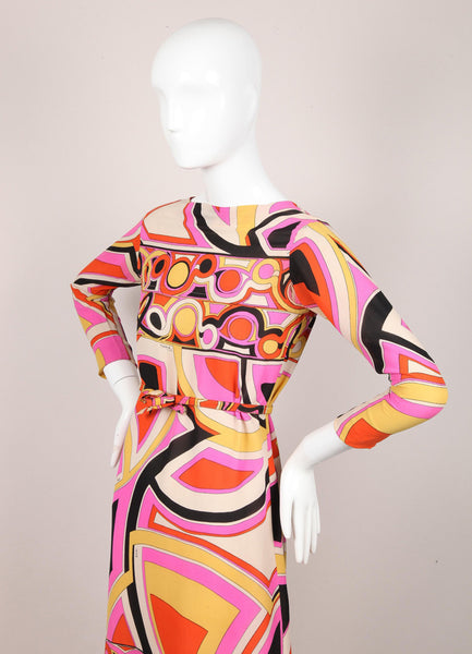 Abstract Pattern Belted Silk Dress