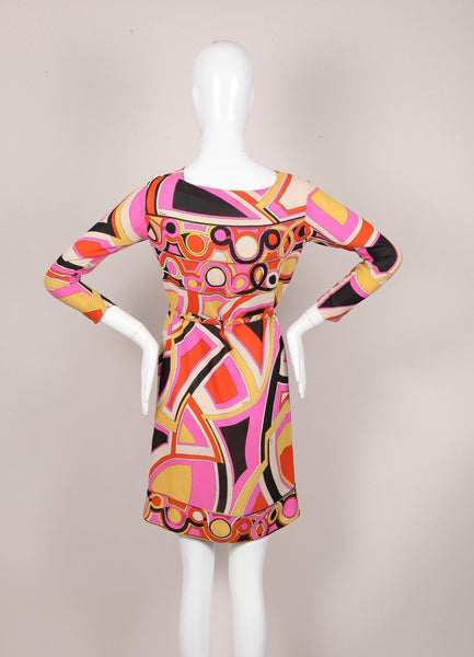 Abstract Pattern Belted Silk Dress