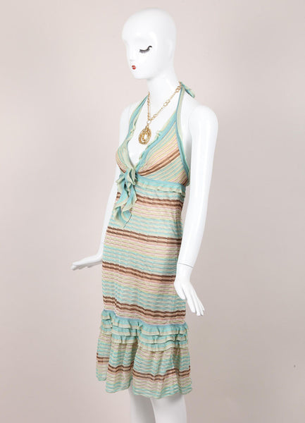 Green and Brown Striped Ruffle Trim Knit Halter Dress