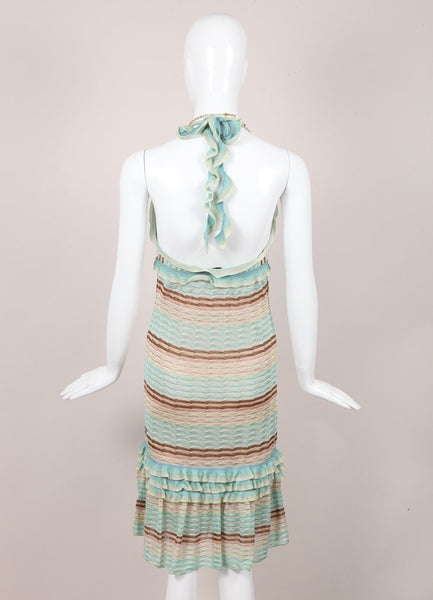 Green and Brown Striped Ruffle Trim Knit Halter Dress