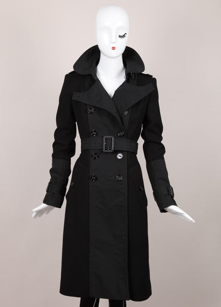 Black Paneled Wool Military Style Trench Coat