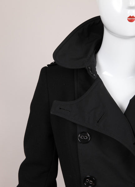 Black Paneled Wool Military Style Trench Coat