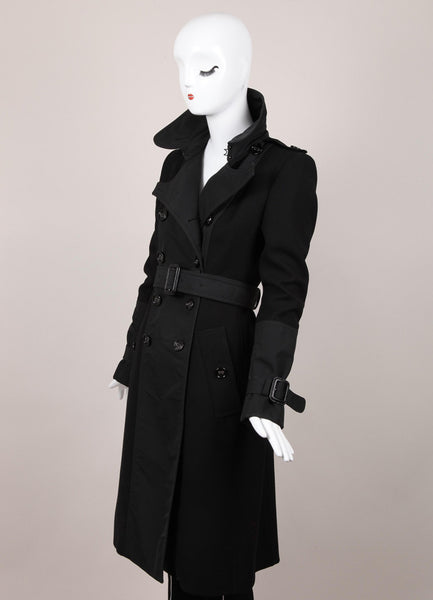 Black Paneled Wool Military Style Trench Coat