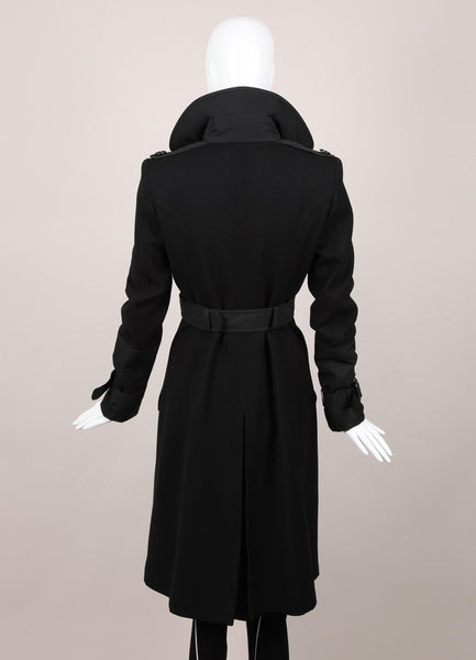 Black Paneled Wool Military Style Trench Coat