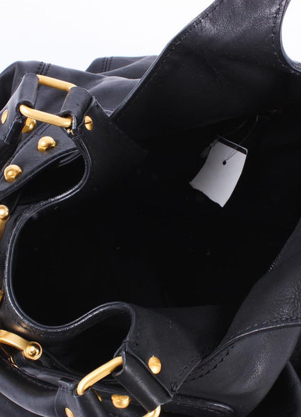 Black Leather Buckle Tote With Gold Toned Hardware