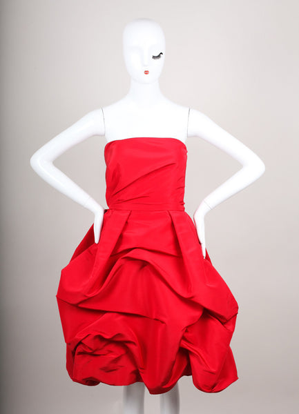 Red Silk Strapless Tiered Structural Dress