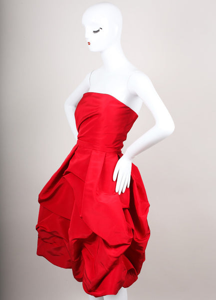 Red Silk Strapless Tiered Structural Dress