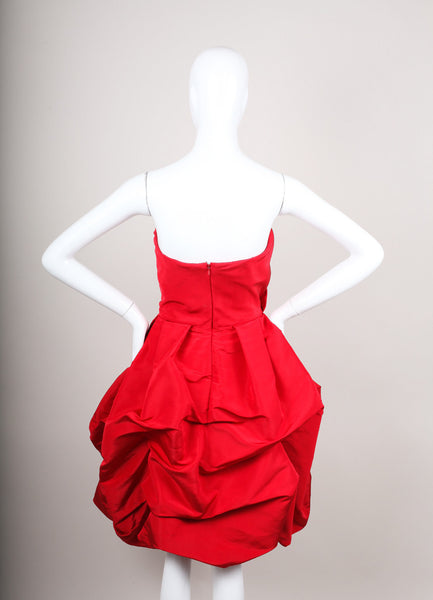 Red Silk Strapless Tiered Structural Dress