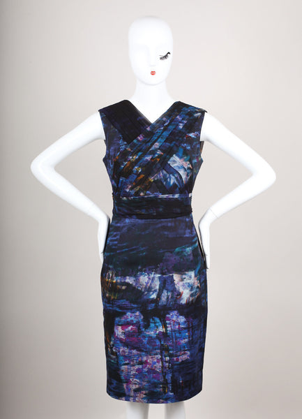 Blue and Purple Watercolor Print Sleeveless Cotton Dress With Silk Drape