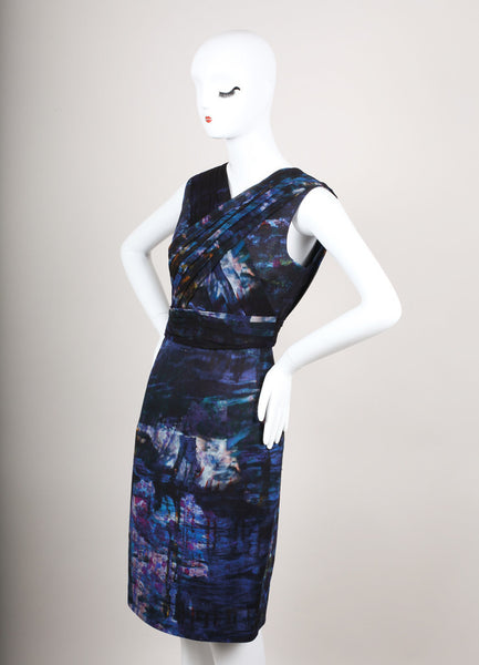 Blue and Purple Watercolor Print Sleeveless Cotton Dress With Silk Drape