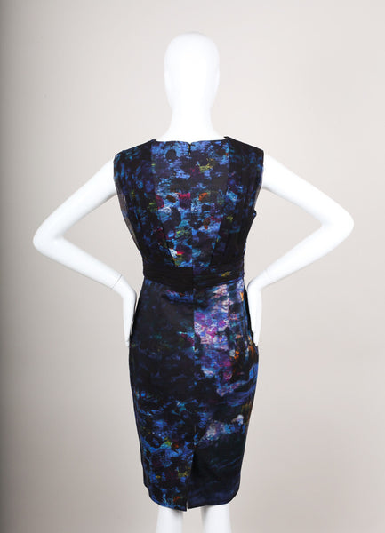 Blue and Purple Watercolor Print Sleeveless Cotton Dress With Silk Drape