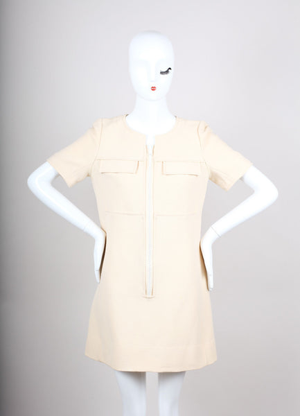 Beige Short Sleeve Zip Dress