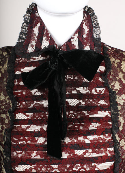 Maroon Floral Lace Long Sleeve Gown