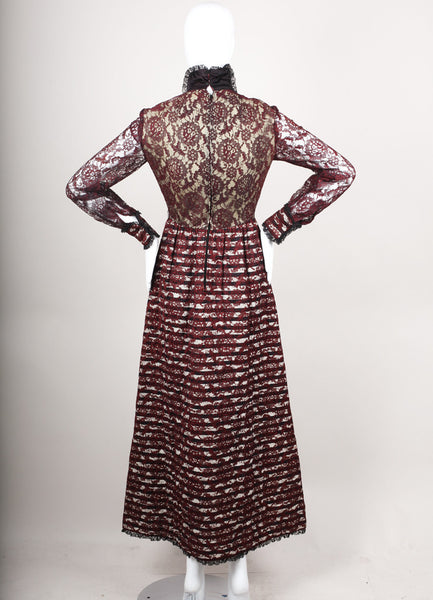 Maroon Floral Lace Long Sleeve Gown