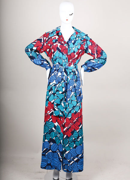 Teal, Blue, and Red Printed Button Down Maxi Dress With Tie Belt