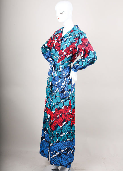 Teal, Blue, and Red Printed Button Down Maxi Dress With Tie Belt