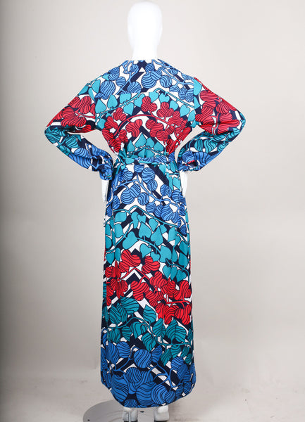 Teal, Blue, and Red Printed Button Down Maxi Dress With Tie Belt