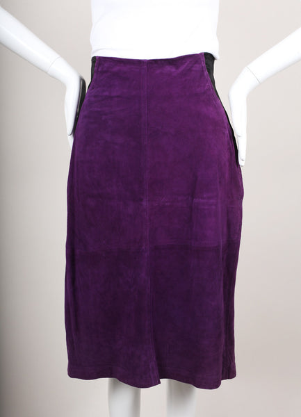 Purple and Black Paneled Suede Leather Pencil Skirt