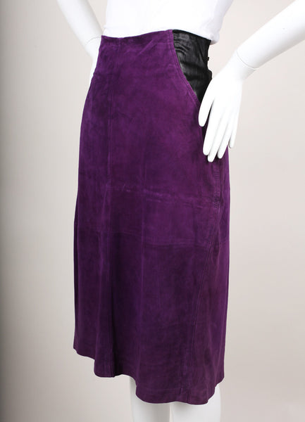 Purple and Black Paneled Suede Leather Pencil Skirt