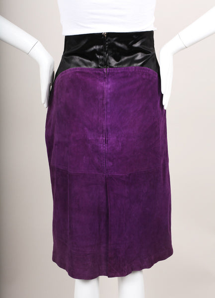 Purple and Black Paneled Suede Leather Pencil Skirt