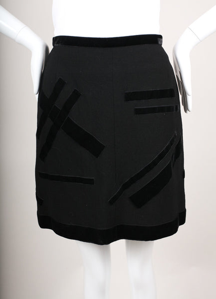 Black Abstract Velvet Trim Pencil Skirt