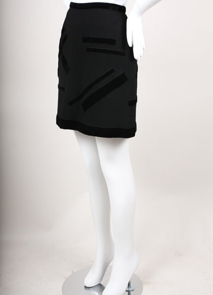 Black Abstract Velvet Trim Pencil Skirt