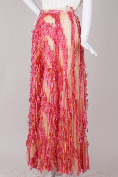 Peach and Pink Fringed Trim Pleated Maxi Skirt