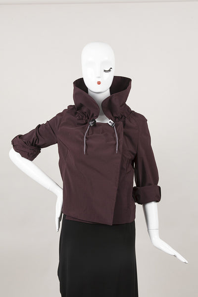 Eggplant Purple Cotton and Nylon Drawstring Collar Jacket