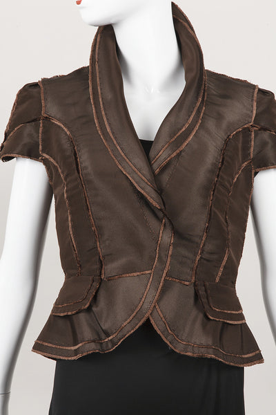 Brown Woven Collar Clasp Sleeve Jacket With Exposed Seams and Panel