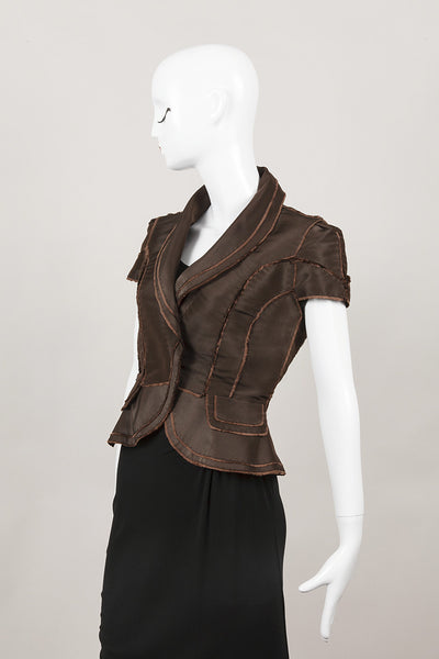 Brown Woven Collar Clasp Sleeve Jacket With Exposed Seams and Panel