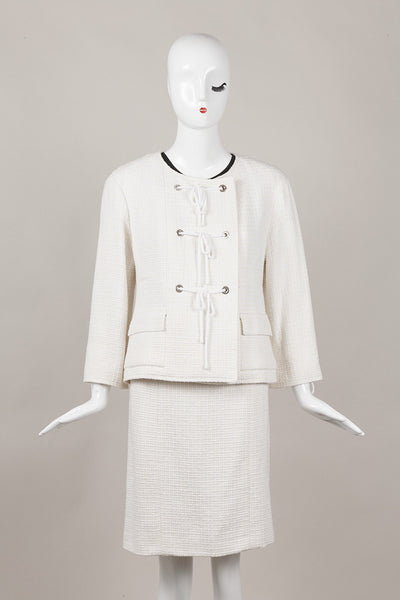 White Tie and Grommet Detail Silk, Cotton, and Linen Tweed Skirt Suit