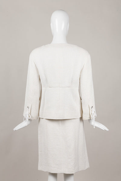 White Tie and Grommet Detail Silk, Cotton, and Linen Tweed Skirt Suit