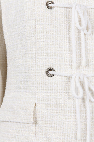 White Tie and Grommet Detail Silk, Cotton, and Linen Tweed Skirt Suit