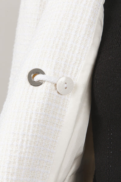 White Tie and Grommet Detail Silk, Cotton, and Linen Tweed Skirt Suit