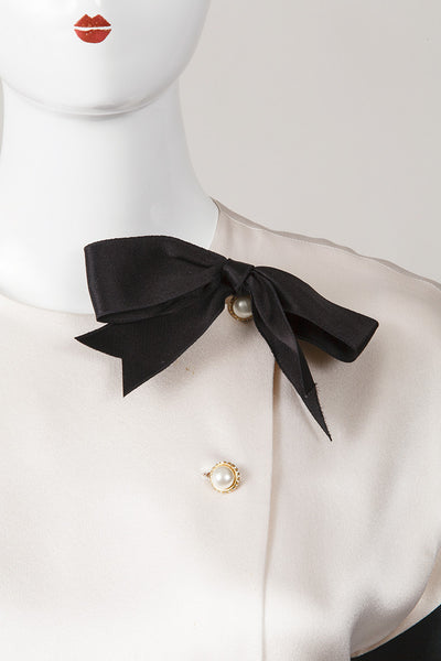 Cream and Black Silk Bow Dress