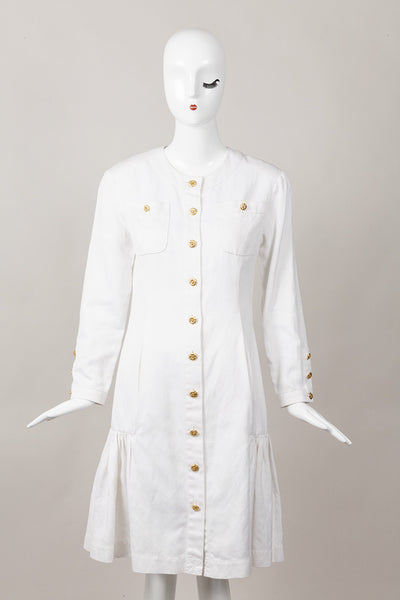 White Drop Waist Ruffle Dress With Gold Flower Buttons