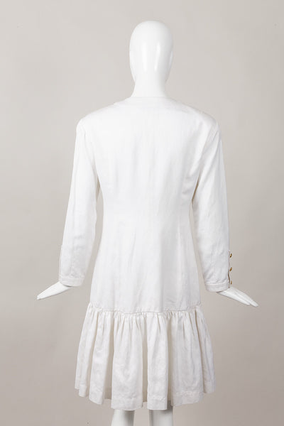 White Drop Waist Ruffle Dress With Gold Flower Buttons