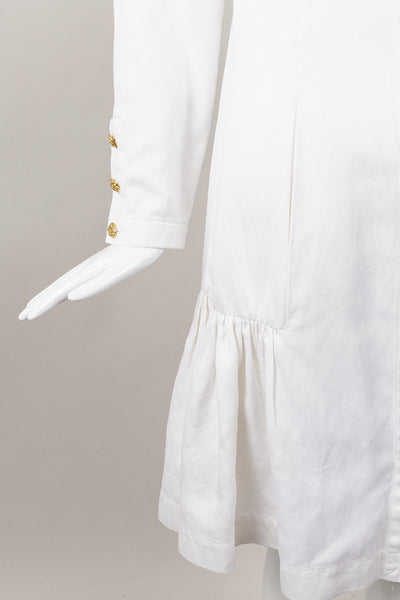 White Drop Waist Ruffle Dress With Gold Flower Buttons