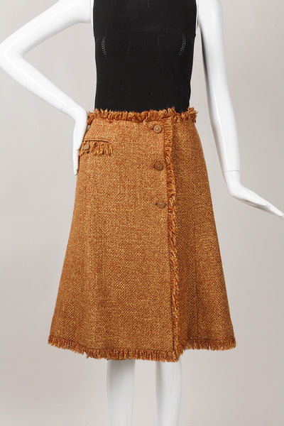 Orange Tweed Fringe Wool Blend Button Wrap Skirt