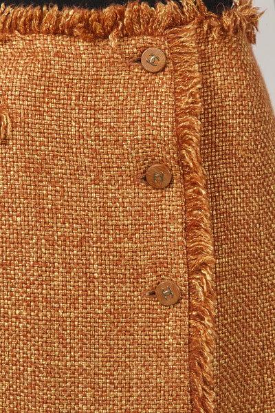 Orange Tweed Fringe Wool Blend Button Wrap Skirt