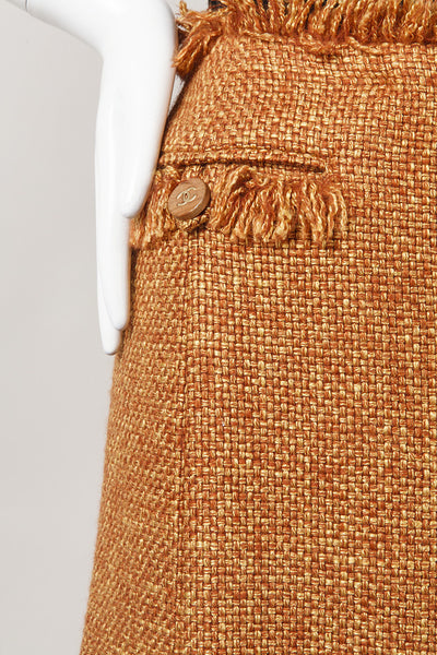 Orange Tweed Fringe Wool Blend Button Wrap Skirt