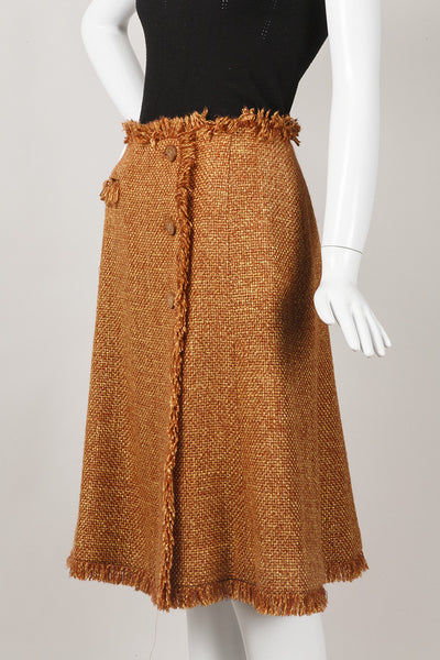 Orange Tweed Fringe Wool Blend Button Wrap Skirt