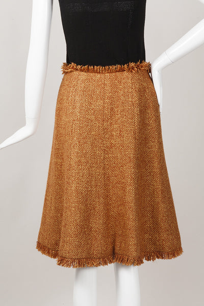 Orange Tweed Fringe Wool Blend Button Wrap Skirt