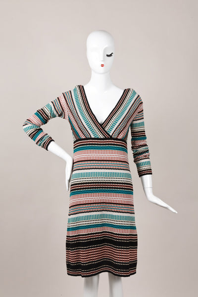 Multicolor Knit Long Sleeve V Neck Dress