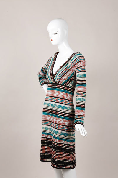 Multicolor Knit Long Sleeve V Neck Dress