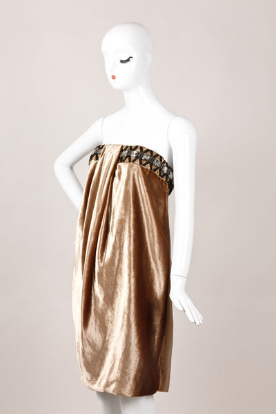 New With Tags Champagne Embellished Strapless Velvet Dress